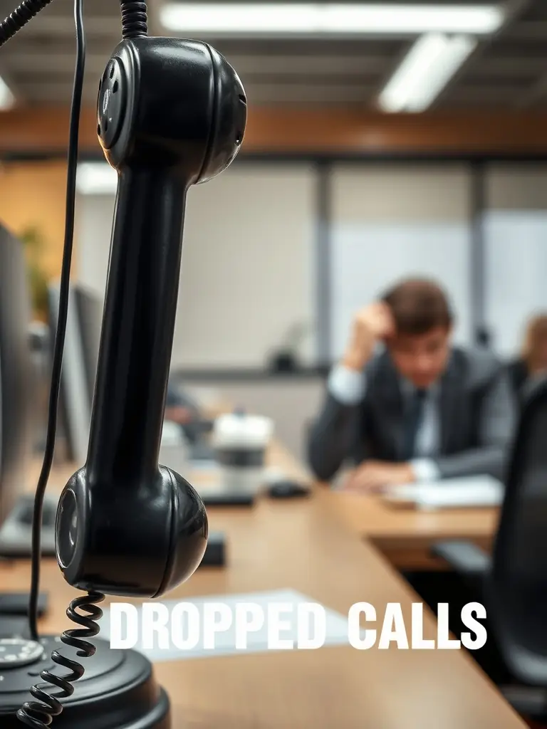 A phone receiver hanging off the hook, with a frustrated person in the background, representing dropped calls and service interruptions.