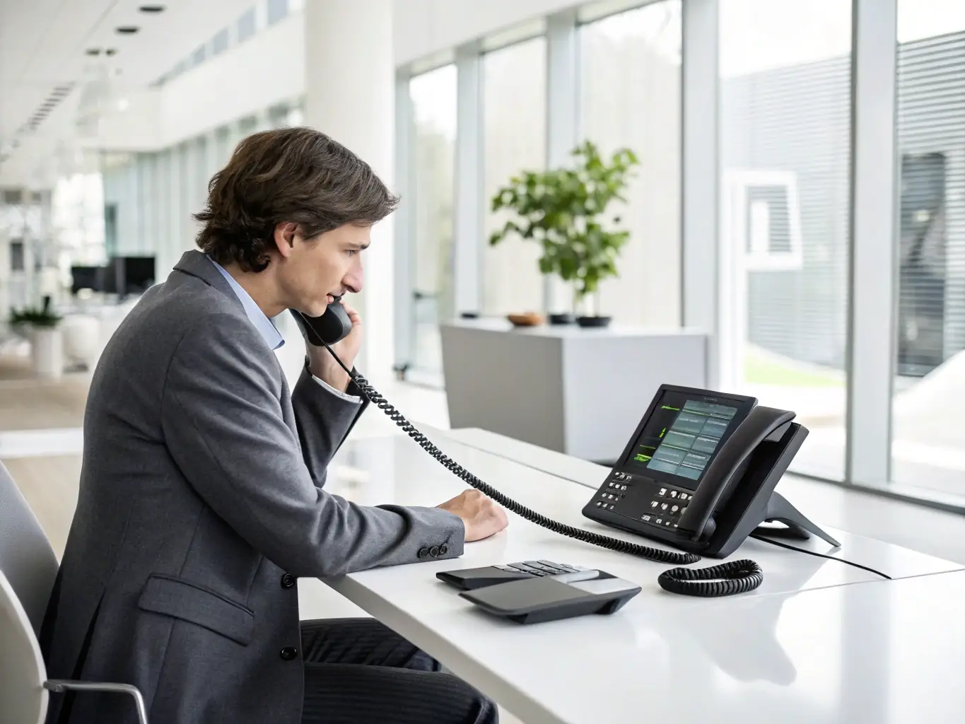 A professional businessman confidently using a cloud-based phone system in a modern office setting, showcasing the reliability and efficiency of the technology.