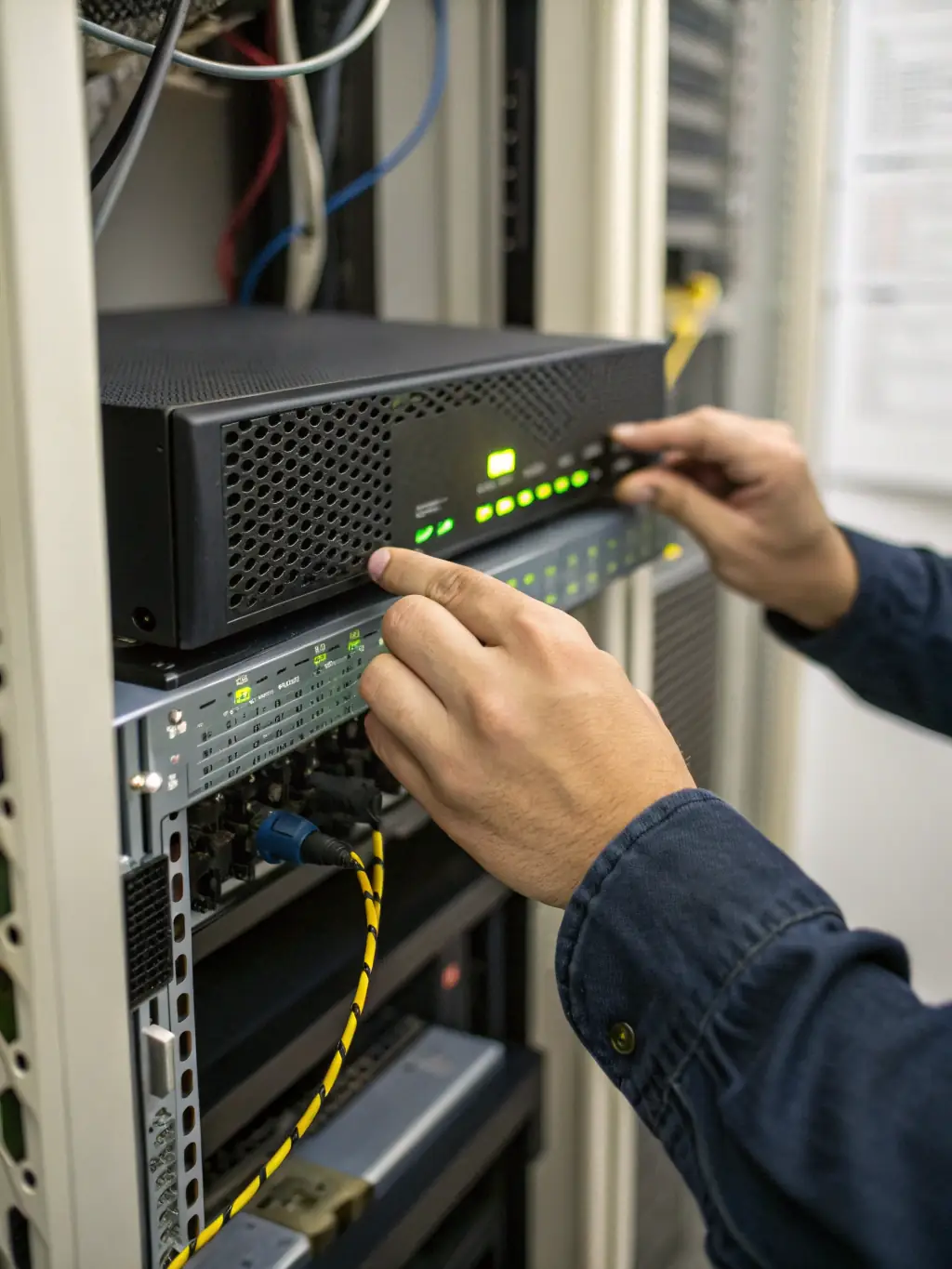 A network administrator carefully adjusting firewall settings on a server rack, ensuring optimal VoIP traffic flow and security.