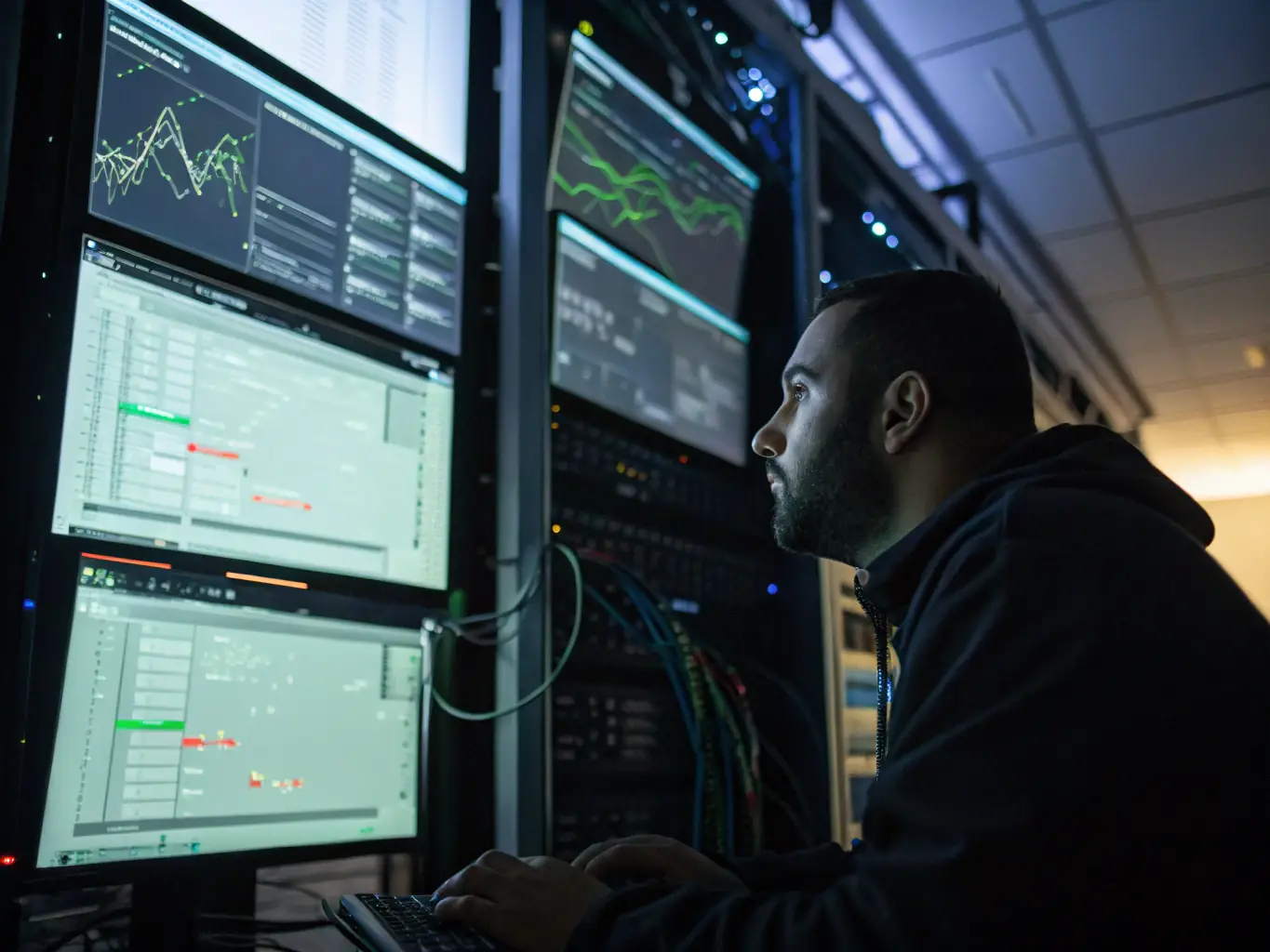 An engineer analyzing VoIP network traffic on multiple screens, demonstrating technical expertise.