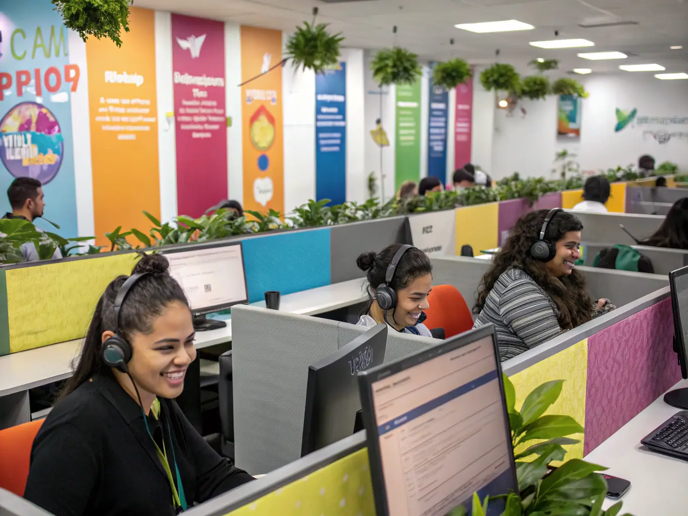 A visually appealing image depicting a call center environment with agents efficiently managing calls using a hosted PBX system, showcasing features like call routing and analytics dashboards.