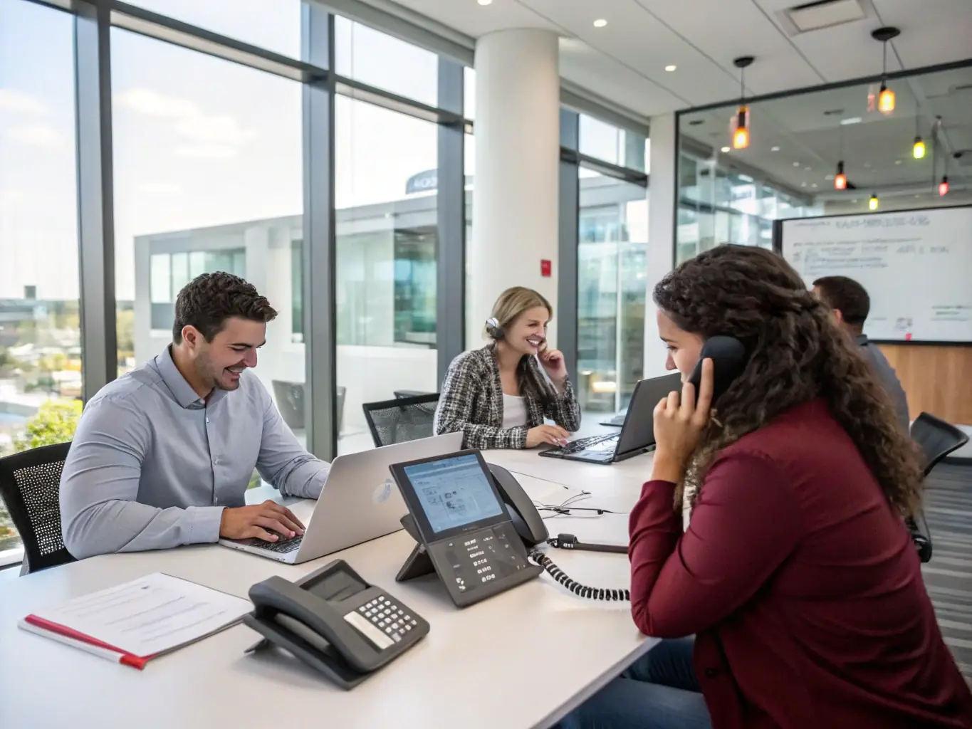 A team of engineers planning a VoIP migration on a digital whiteboard, illustrating strategic planning.