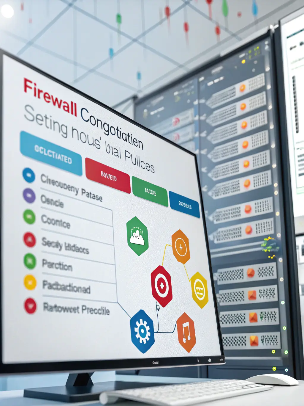 A firewall configuration screen with complex rules, representing firewall and NAT configuration challenges.
