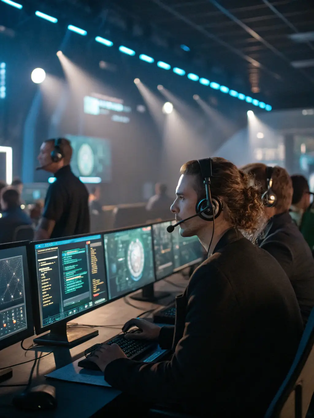 A high-resolution photo of a call center environment with agents efficiently handling calls, showcasing the call routing feature of CloudVoIP.pro's VoIP system.