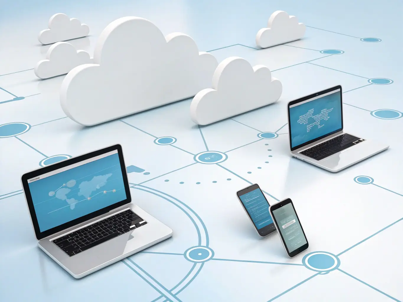 A visual representation of a cloud phone system setup, showing various devices connected to a cloud network, emphasizing the ease of use and scalability.