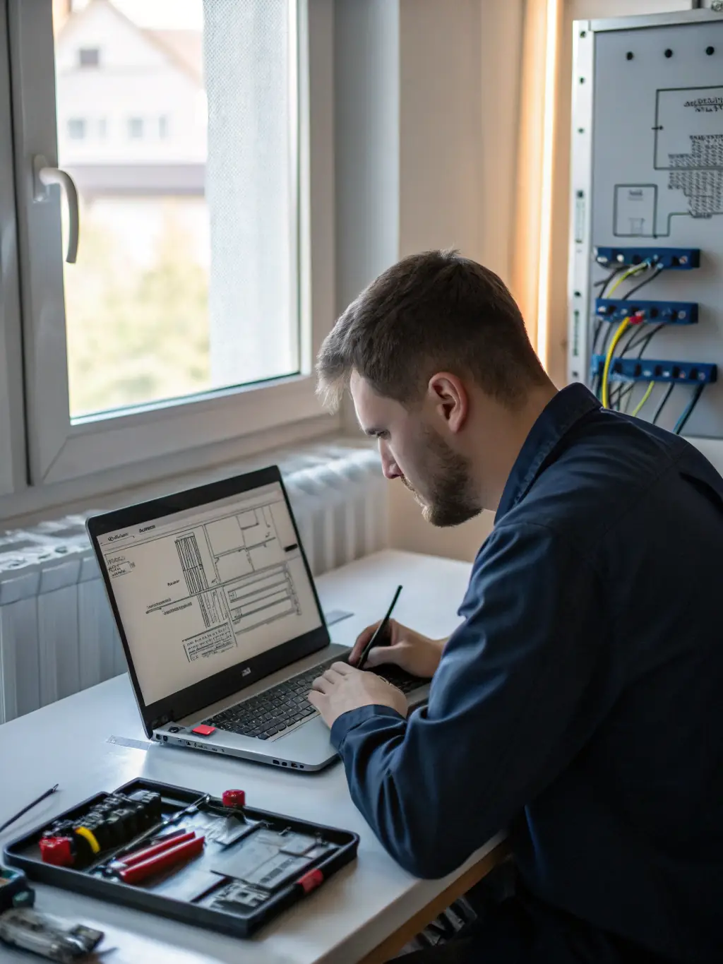 A photo of a technician remotely accessing a client's VoIP system from their home office, showcasing remote support capabilities.
