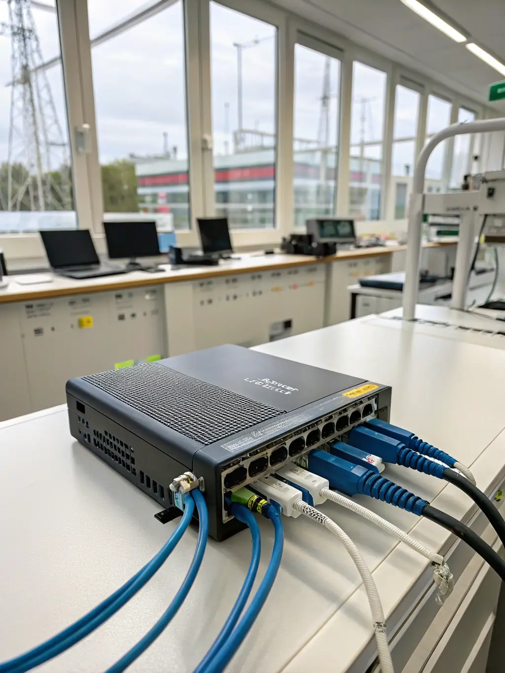 A close-up shot of a network cable plugged into a router, symbolizing bandwidth limitations affecting VoIP call quality.