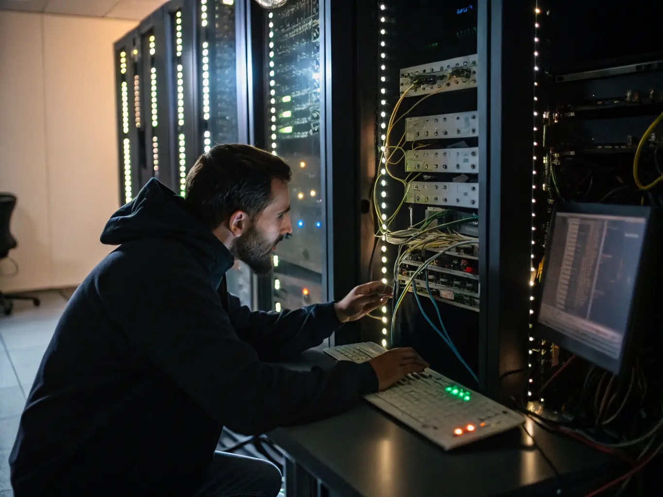 A close-up shot of a network engineer using a spectrum analyzer to diagnose call quality issues on a VoIP network, with a focus on identifying jitter and latency problems.