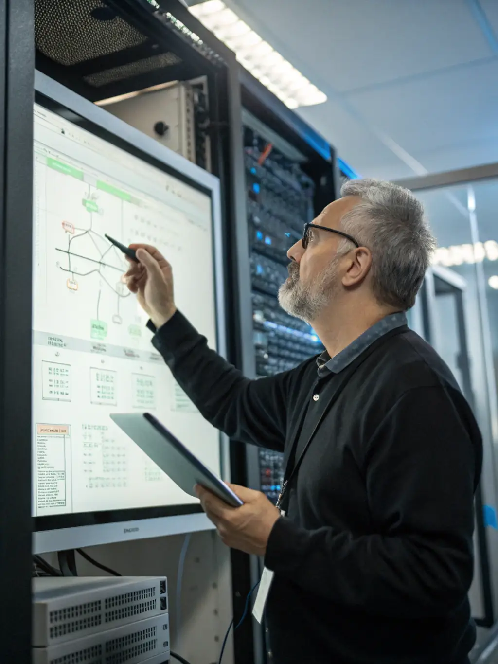 A detailed close-up shot of a network engineer designing a VoIP system architecture on a whiteboard, showcasing the planning phase of VoIP design.