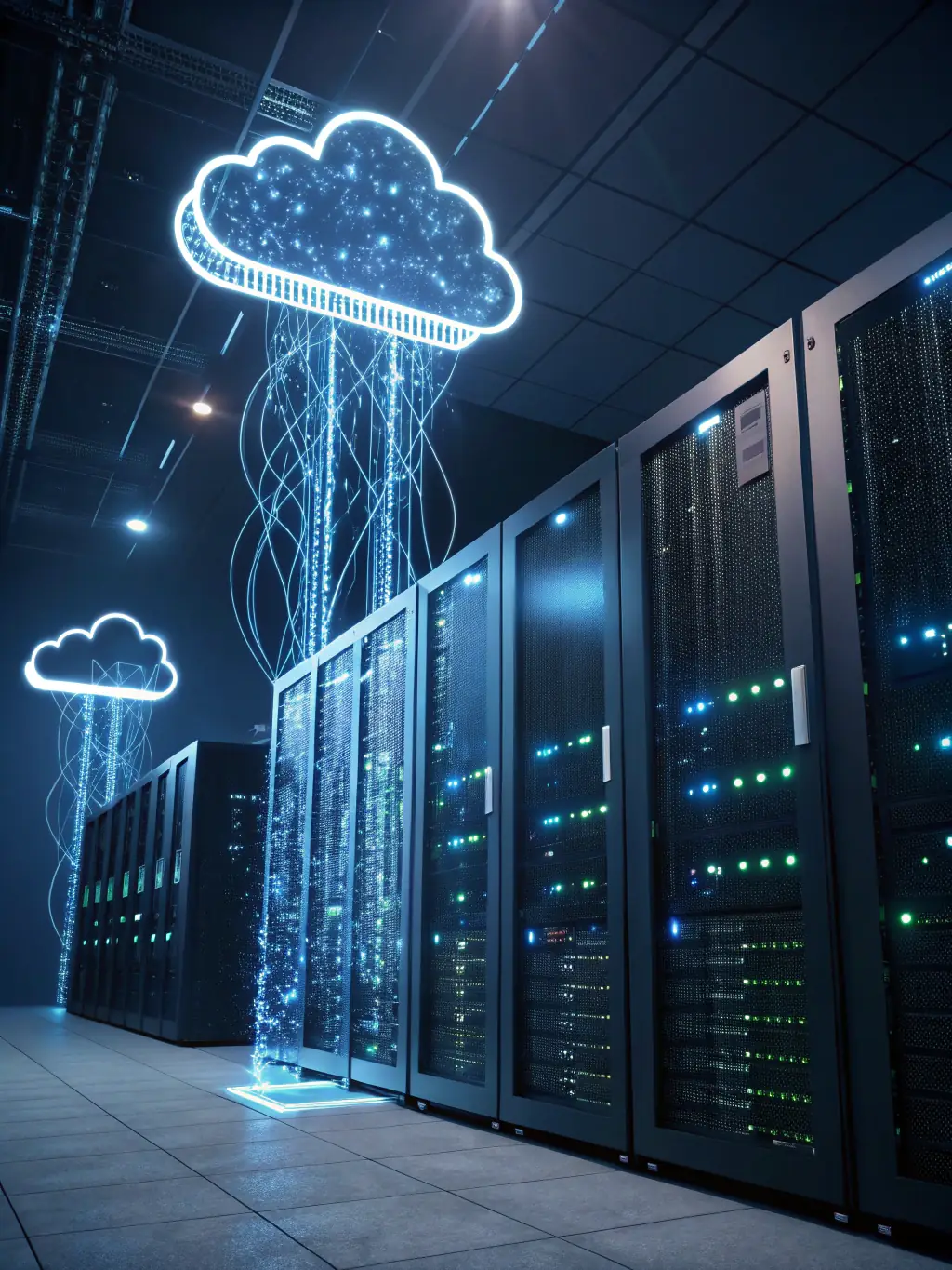 A server room with blinking lights, symbolizing the migration of VoIP systems to cloud-based solutions, emphasizing a smooth and efficient transition.