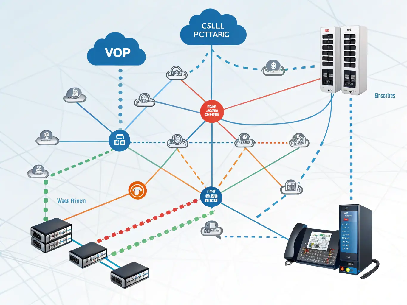 A visual representation of data packets being lost and retransmitted across a network, illustrating the impact of packet loss on VoIP call quality.
