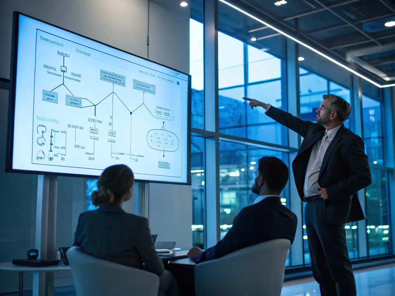 A consultant discussing network diagrams with clients, emphasizing strategic planning.