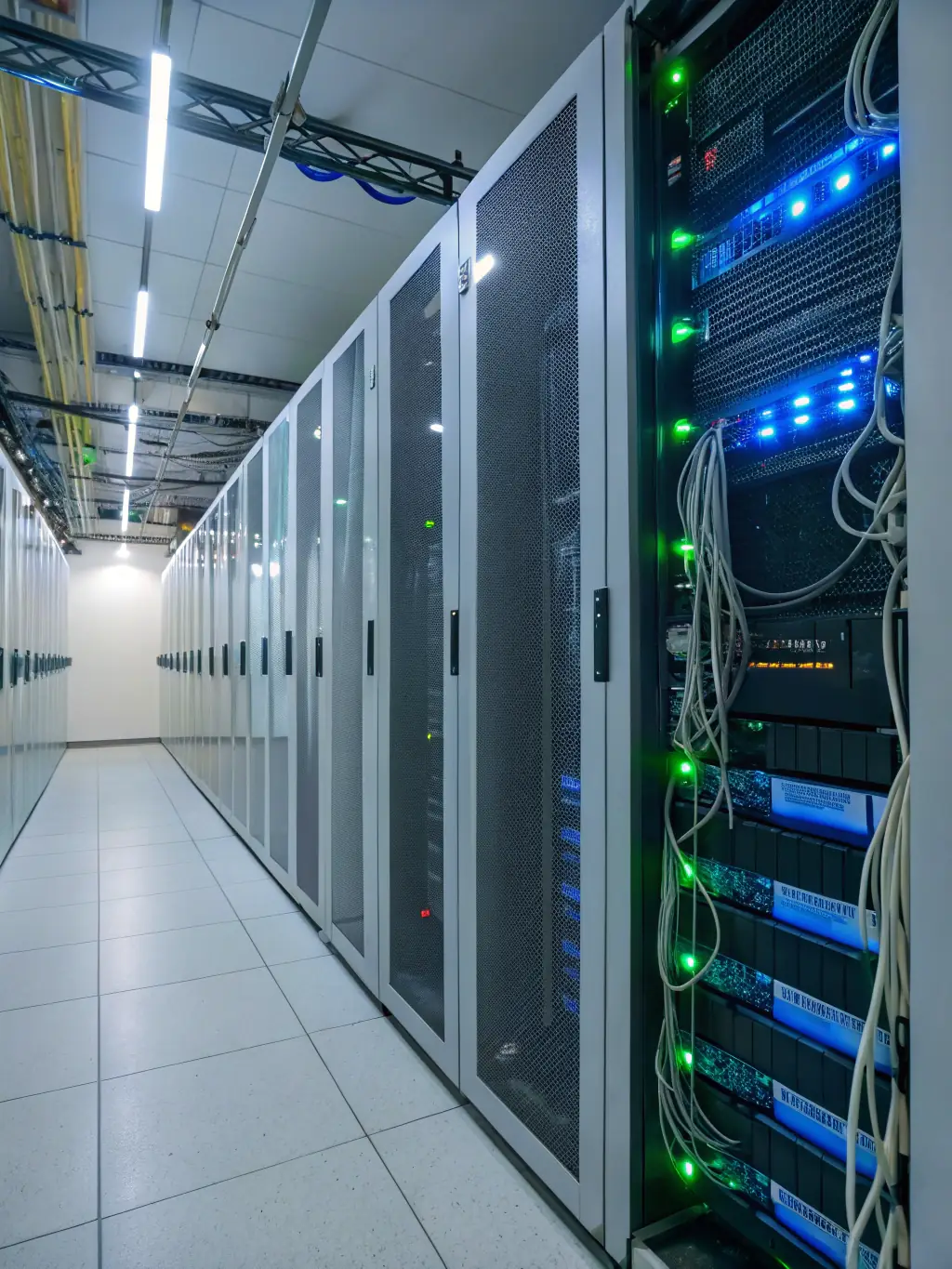 A server room with blinking lights and tangled cables, indicating potential system downtime and its impact on VoIP services.