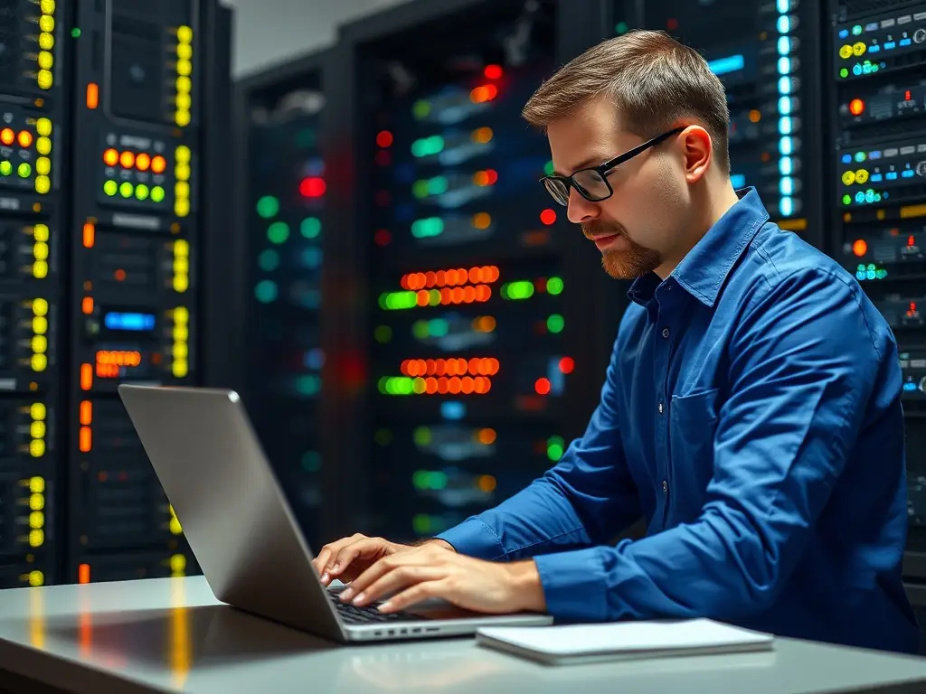 A network engineer using a diagnostic tool to troubleshoot a VoIP system issue in a server room environment, highlighting the troubleshooting aspect of the services.