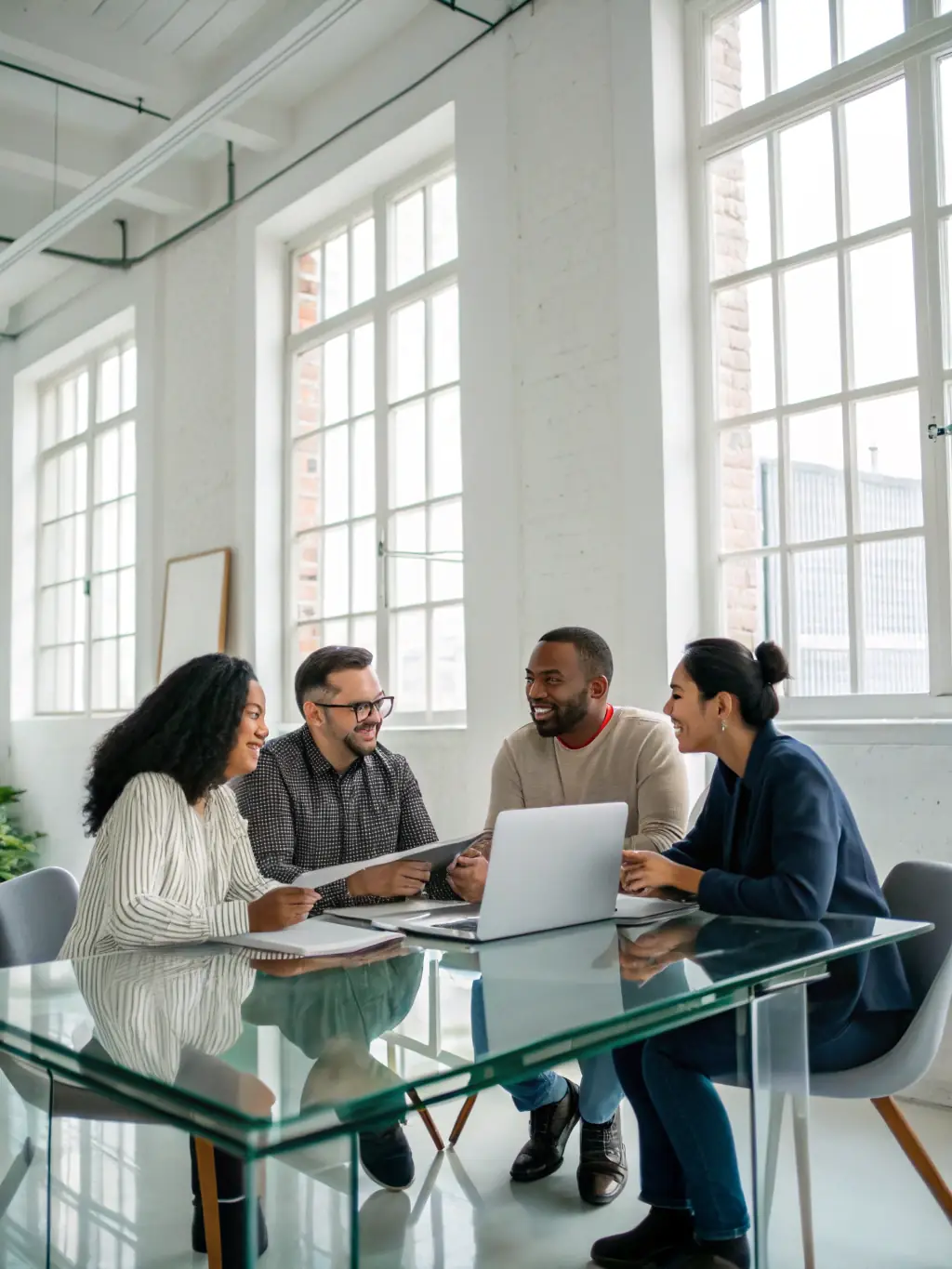 A professional photo of a diverse team collaborating seamlessly in a modern office environment, showcasing the improved communication facilitated by Cloud VoIP.