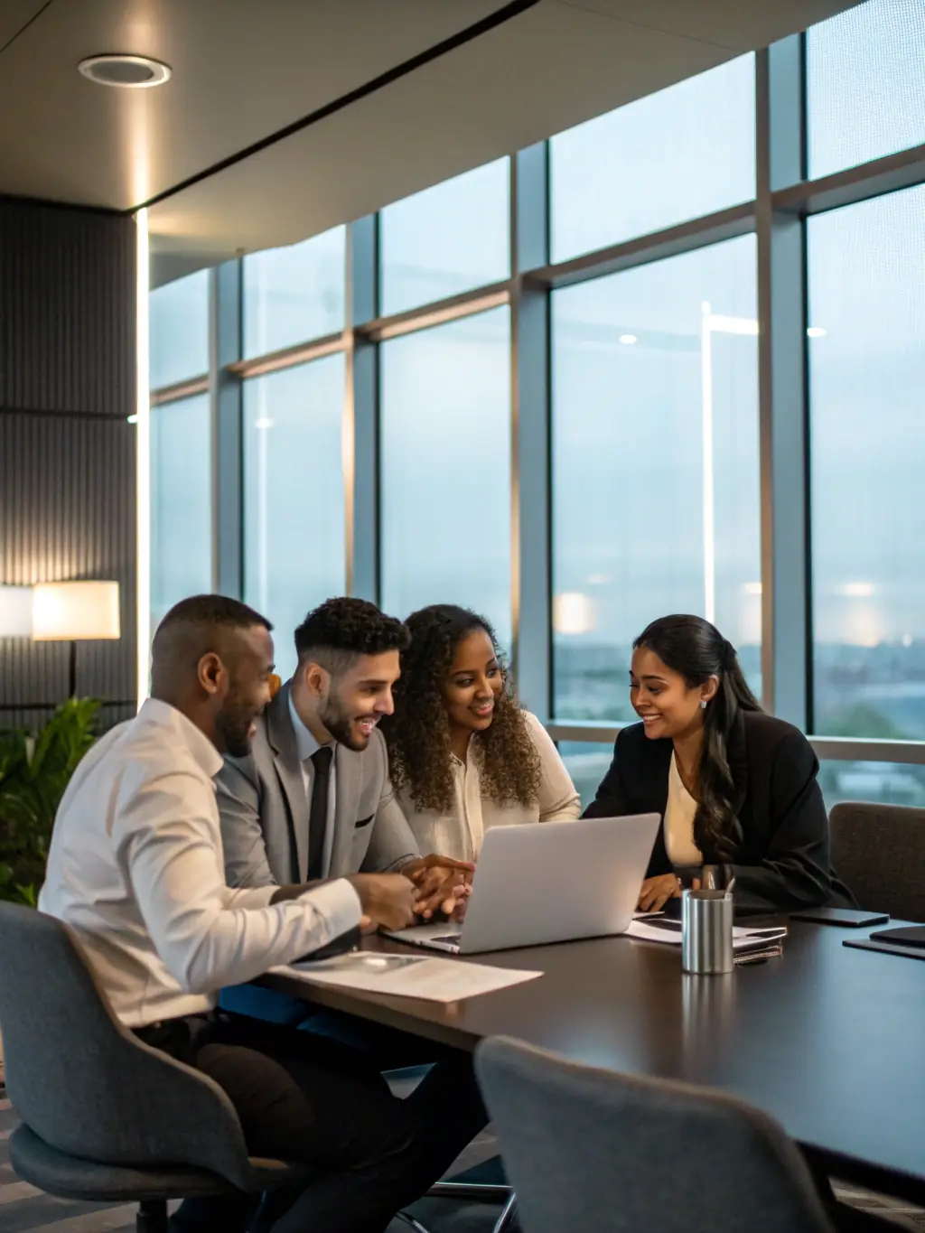 A diverse team of VoIP specialists collaborating in a modern office environment, working together to provide comprehensive support. This image will be used to emphasize the collaborative approach of CloudVoIP.pro.