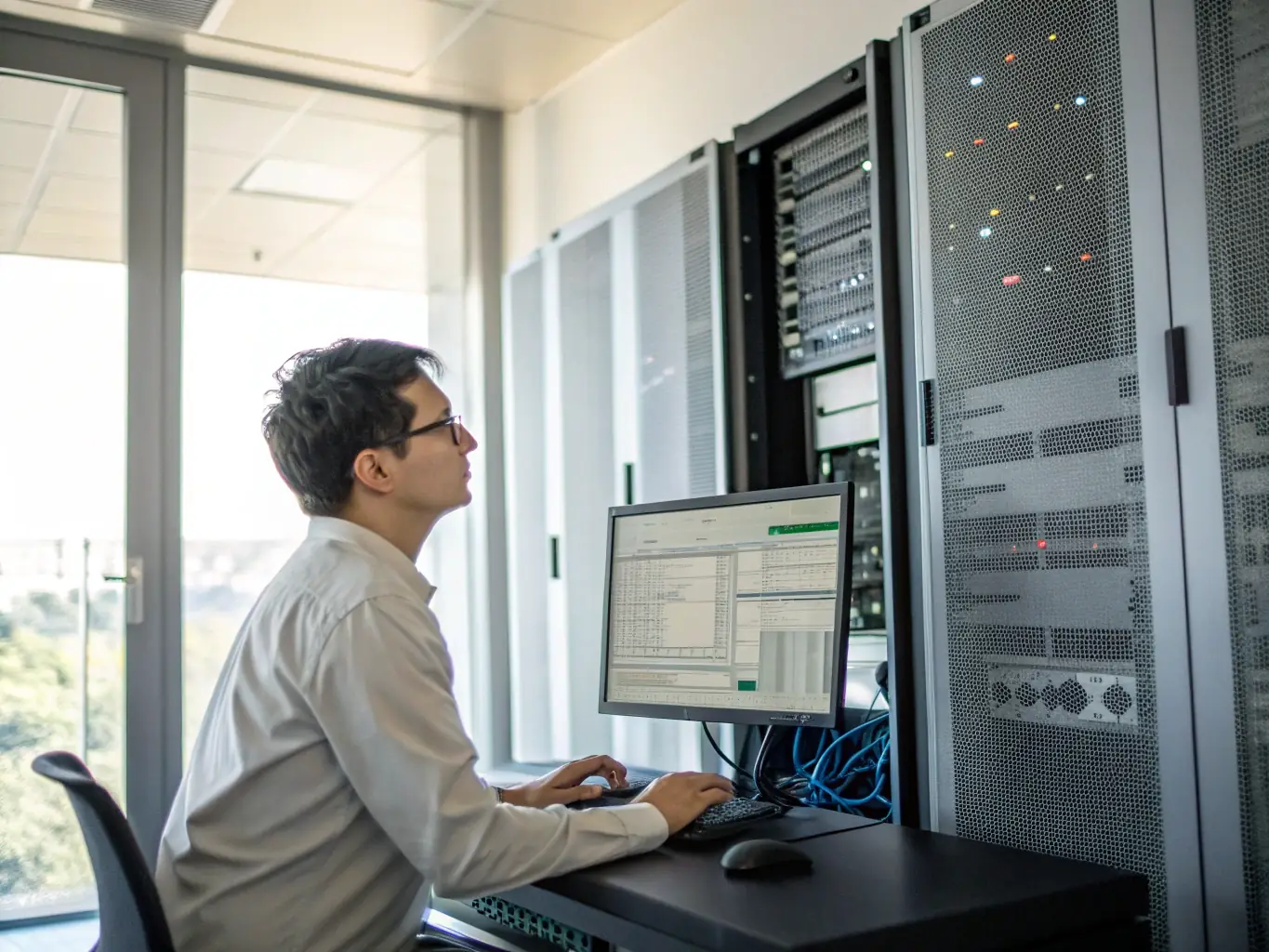 A consultant in a bright office setting, reviewing network diagrams on a large monitor, symbolizing the discovery phase of VoIP consulting.
