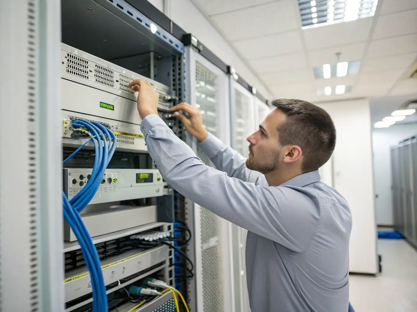 A technician configuring a SIP trunk on a server, highlighting the technical aspects of the setup and the seamless integration with existing systems.