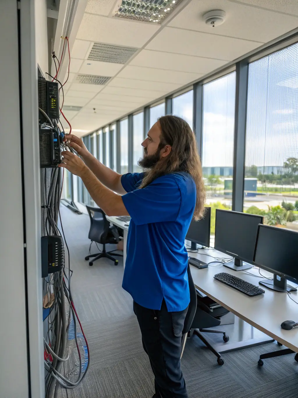A photo of a CloudVoIP.pro engineer working on-site at a client's office, troubleshooting a VoIP system issue.